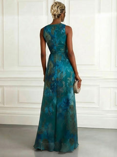 Elegant Floral Print V-Neck Sleeveless Chiffon Maxi Dress