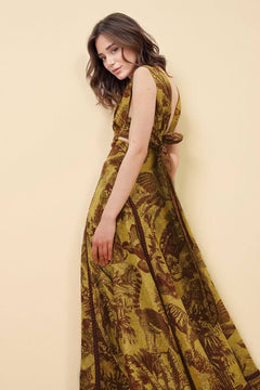 Delicate Printed Cut-Out Patchwork Knit Maxi Dress