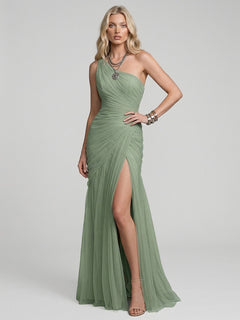 Elegant One-Shoulder Ruched Tulle High Slit Maxi Dress
