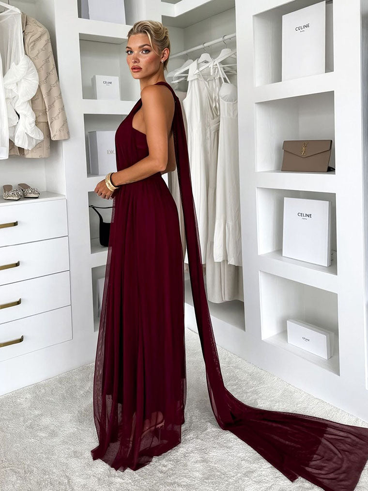 Elegant Sleeveless Mesh Ruched Convertible Maxi Dress