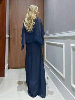 Elegant Blue Chiffon Cape Top & Wide-Leg Pants Two-Piece Set