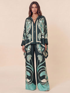 Elegant Abstract Print Satin Cape Sleeve Shirt