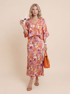 Exquisite Floral Print Satin High-Waisted Midi Skirt
