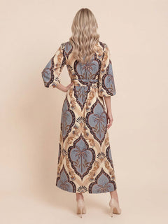 Elegant Vintage Palm Print Belted Maxi Dress