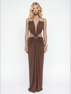 Sexy Metal Chain Cut-Out Backless Lace-Up Draped Maxi Dress