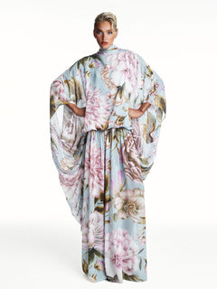 Exquisite Watercolor Floral Print Draped Chiffon Maxi Dress