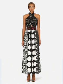 Retro Black & White Polka Dot Backless Maxi Dress