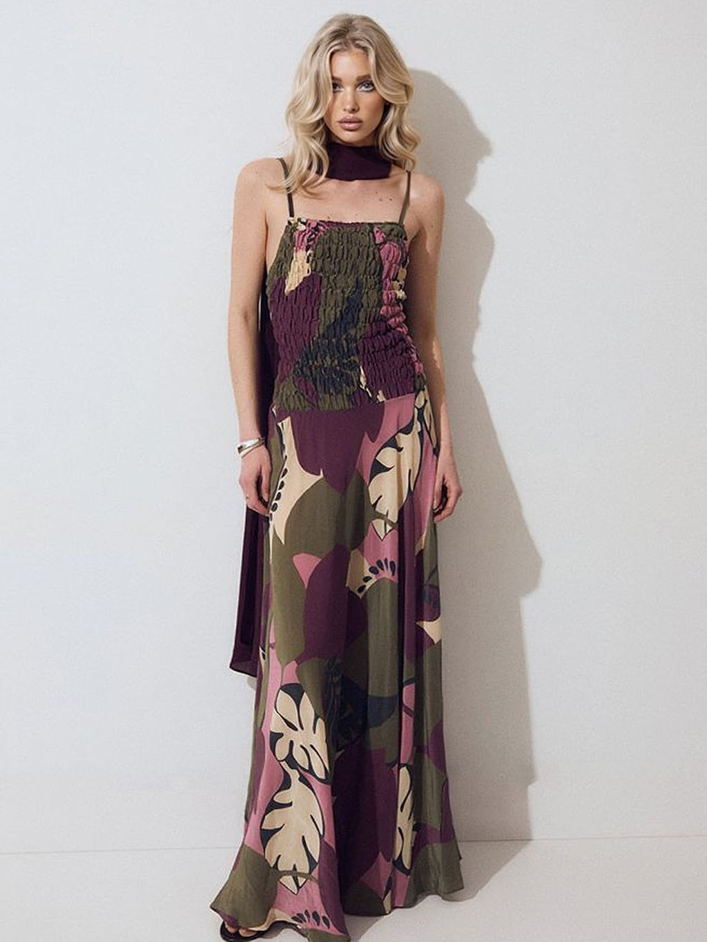 Smocked Bodice Tropical Leaf Print Spaghetti Strap Maxi Dress