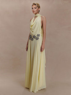 Elegant Draped Halter Embellished Maxi Dress