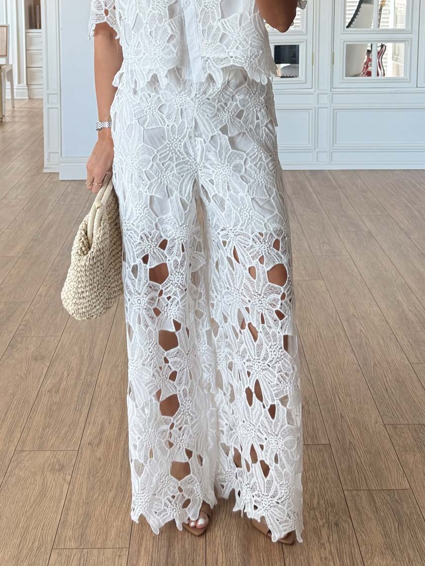 Casual Cutout Lace Shirt & Wide-Leg Pants Two-Piece Set