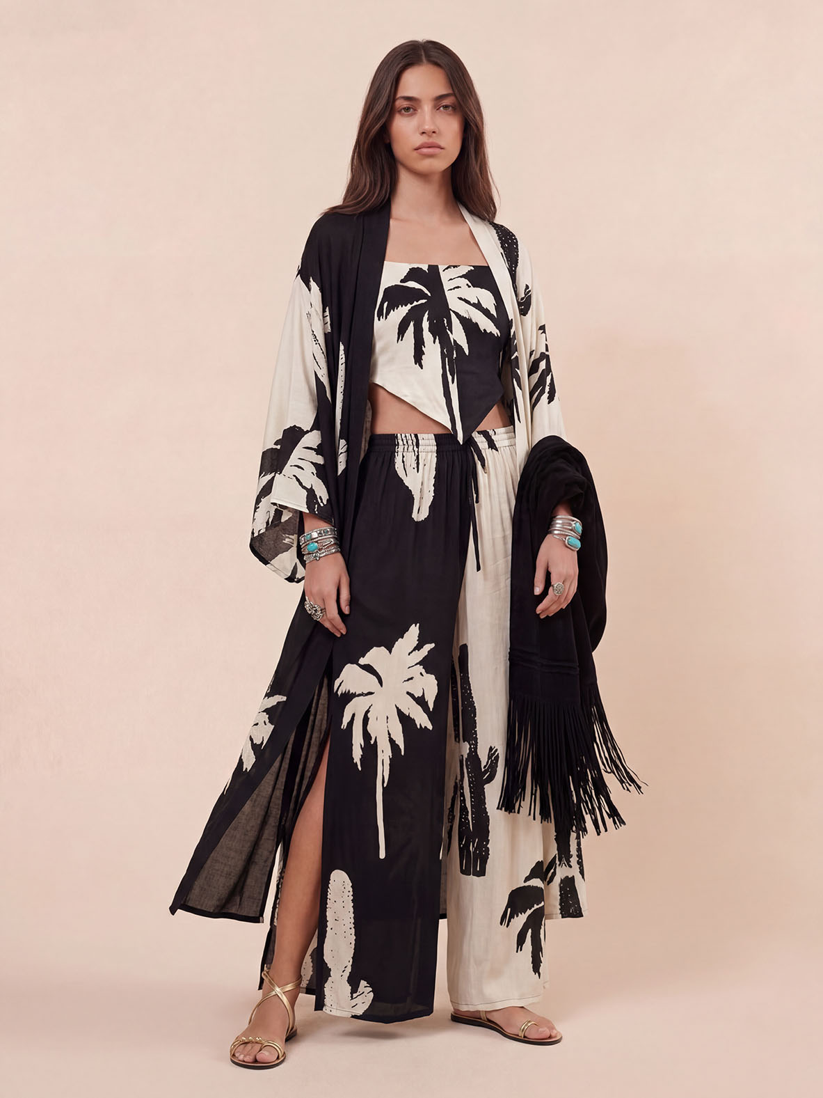 Bohemian Palm Print Three-Piece Beach Set