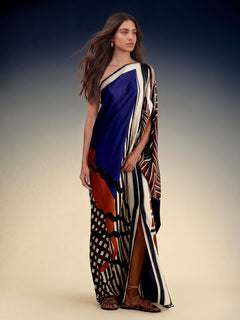 Elegant One-Shoulder Abstract Print Draped Maxi Dress