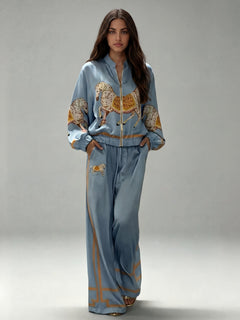 Exquisite Satin Horse Print Zip-Up Shirt