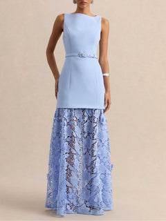 Elegant Boat Neck Belted Lace Hem Maxi Dress