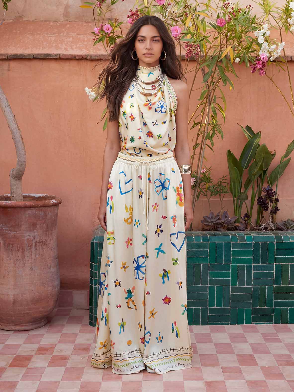 Exquisite Satin Watercolor Floral Backless Scarf Sleeveless Two-Piece Set