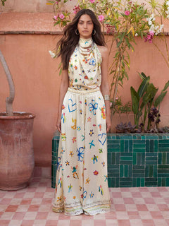 Exquisite Satin Watercolor Floral Backless Scarf Sleeveless Two-Piece Set