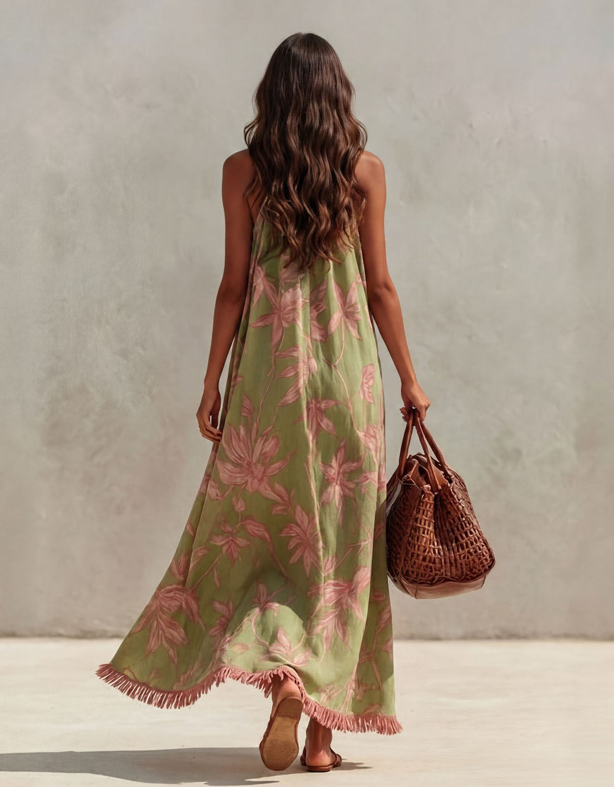 Casual Floral Print Backless Tassel Trim Flowing Maxi Dress