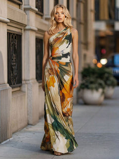 Elegant Watercolor Print One-Shoulder Ruched Maxi Dress