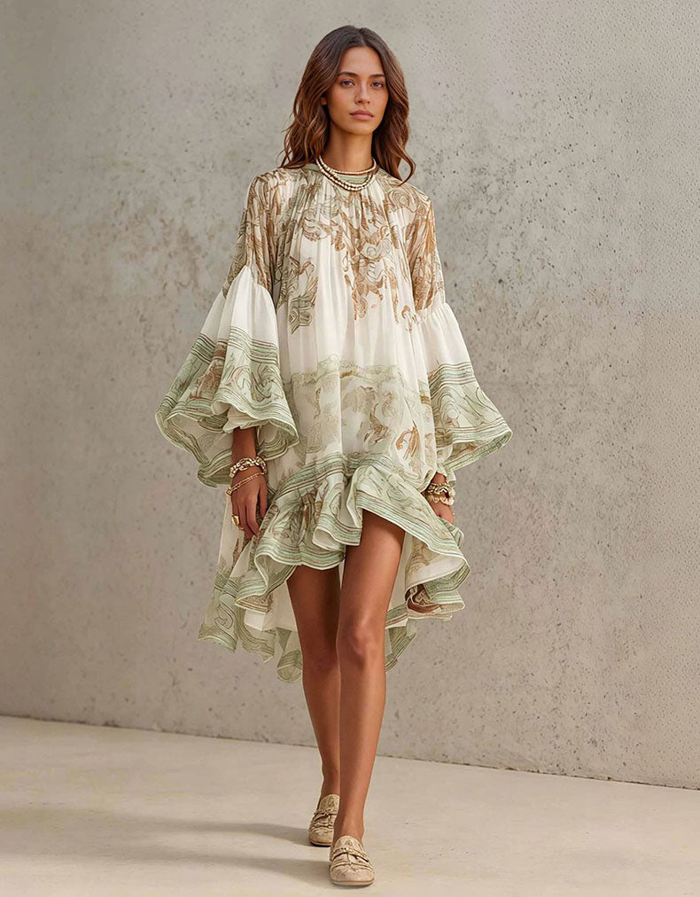 Elegant Vintage Print Ruffle Flare Sleeve Mini Dress