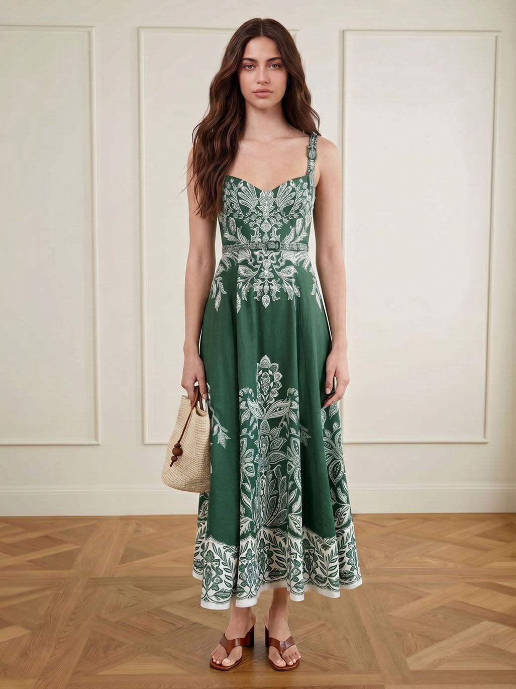 Elegant Printed Buckle Strap Waist Belt Maxi Dress