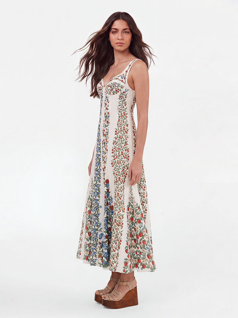 Elegant Floral-Print Lace Detail Sleeveless Dress