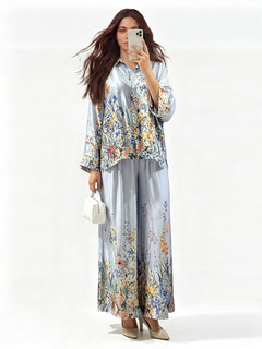 Elegant Floral Print Satin Wide Leg Pants