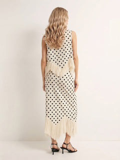 Elegant Polka Dot Fringed Asymmetrical Skirt Two-Piece Set