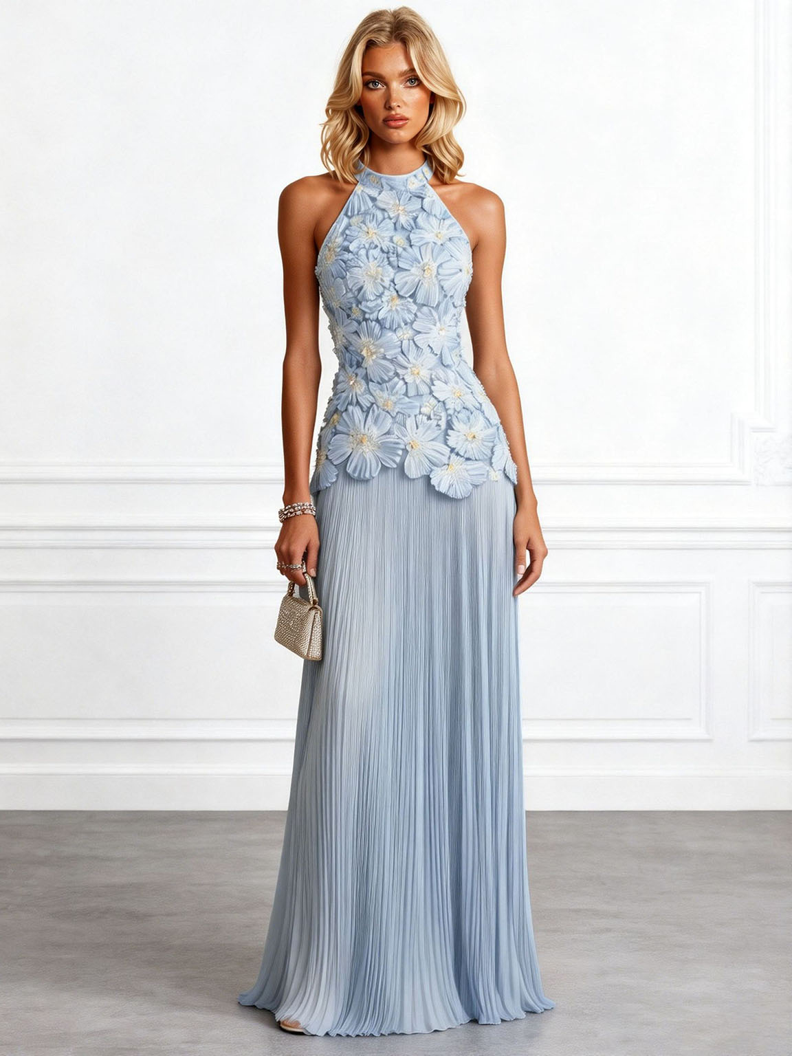 Elegant Halter Neck 3D Floral Appliqué Ruched Maxi Dress