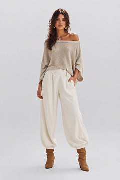 Knitted Shoulder Top High Waist Tunic Pants Holiday Daily Casual Suit