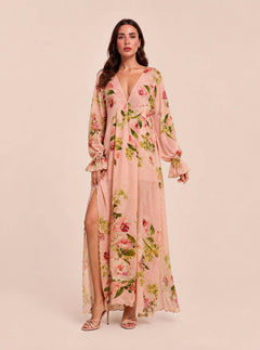 Floral Print Deep V Long Dress