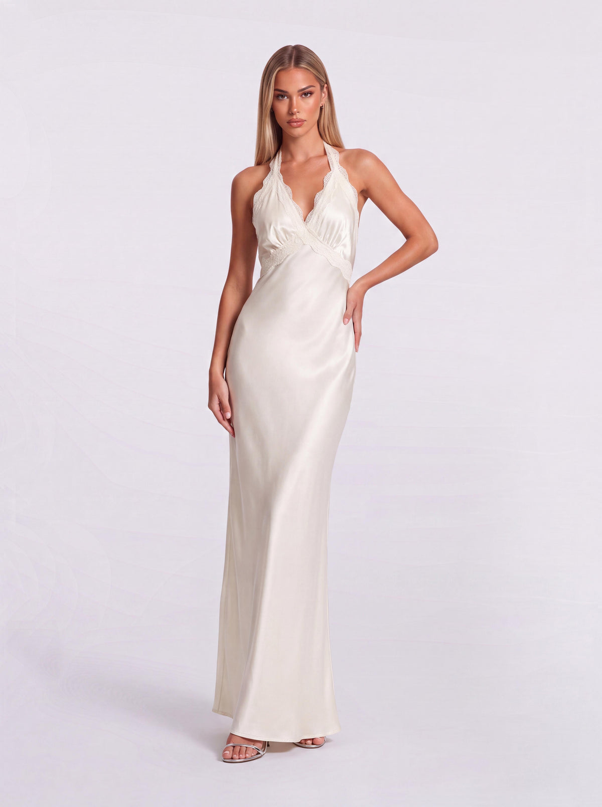 Lace-Trim V-Neck Satin High Split Halter Dress