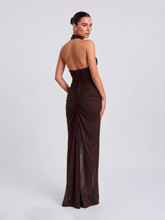 Woven Pleated Front Neck Deep V-Drop Slim Dress
