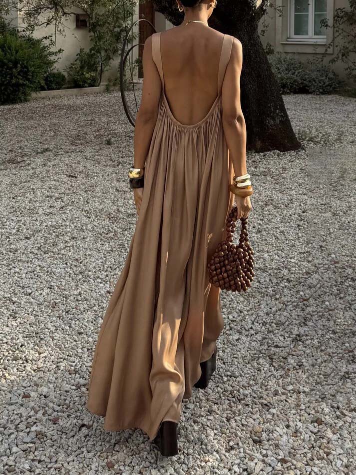 Elegant Satin Square Neckline Flowing Pleated Halter Dress