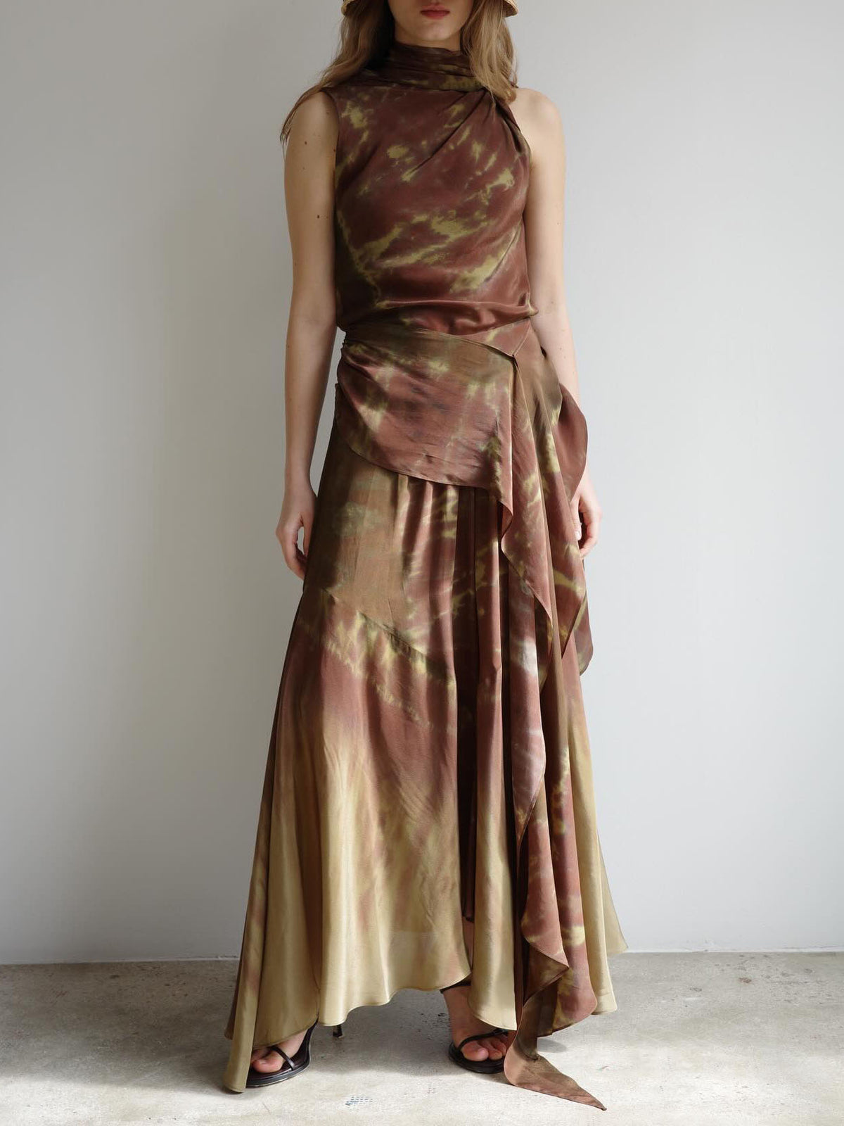 Brown Ombre Tie-Dye Satin Two-Piece Set