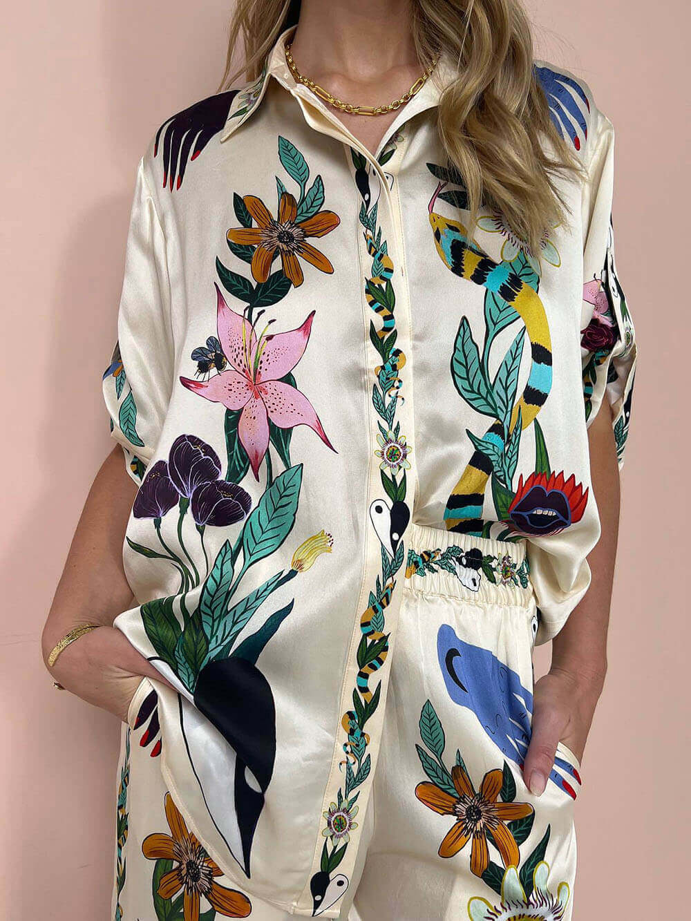 Modern Sophisticated Feel Satin Unique Print Oversized Blouse Elastic Waist Pocketed Wide Leg Pants Set-Likemychoice