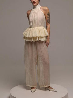Elegant Ruffled Backless Top & Wide-Leg Pants Two-Piece Set