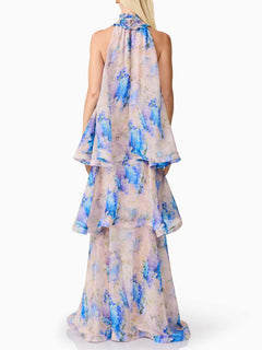 Elegant Rose Floral Halter Tiered High-Low Maxi Dress