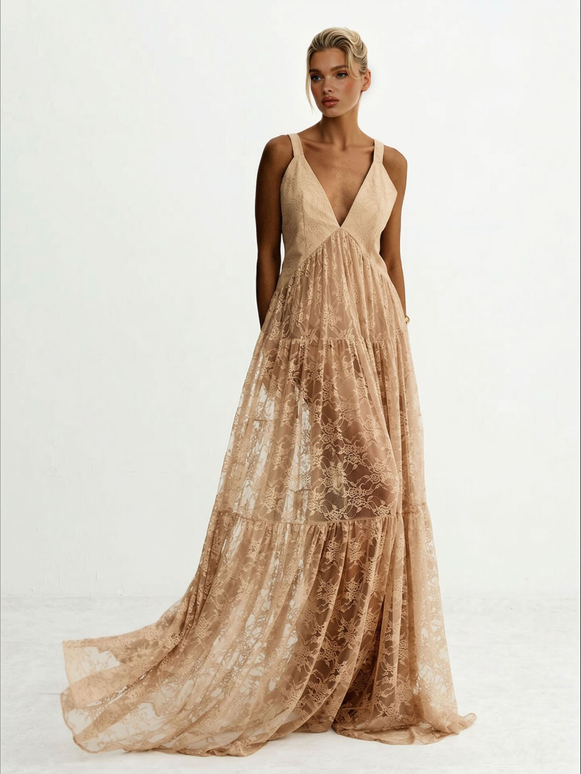 Elegant Lace Deep V-neck Tulle Maxi Dress