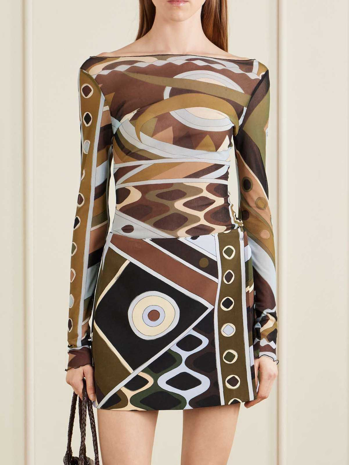 Retro Geometric Print Sheer Mesh Two-piece Set