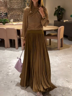 Retro Polka Dot Twist Top & Pleated Maxi Skirt Two-Piece Set