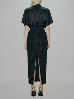 Elegant Satin Top & Sequin Feather Midi Skirt Two-Piece Set