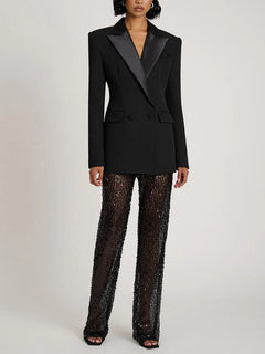 Elegant Satin Lapel Double-Breasted Blazer