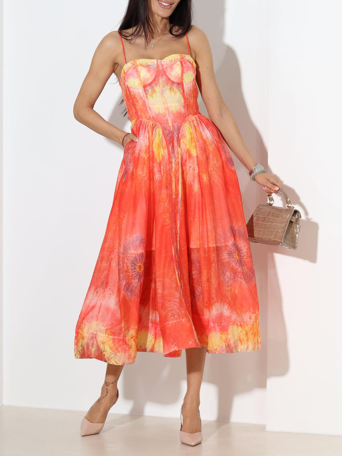 Elegant Flame Gradient Tie-dye Print Flowing Midi Dress