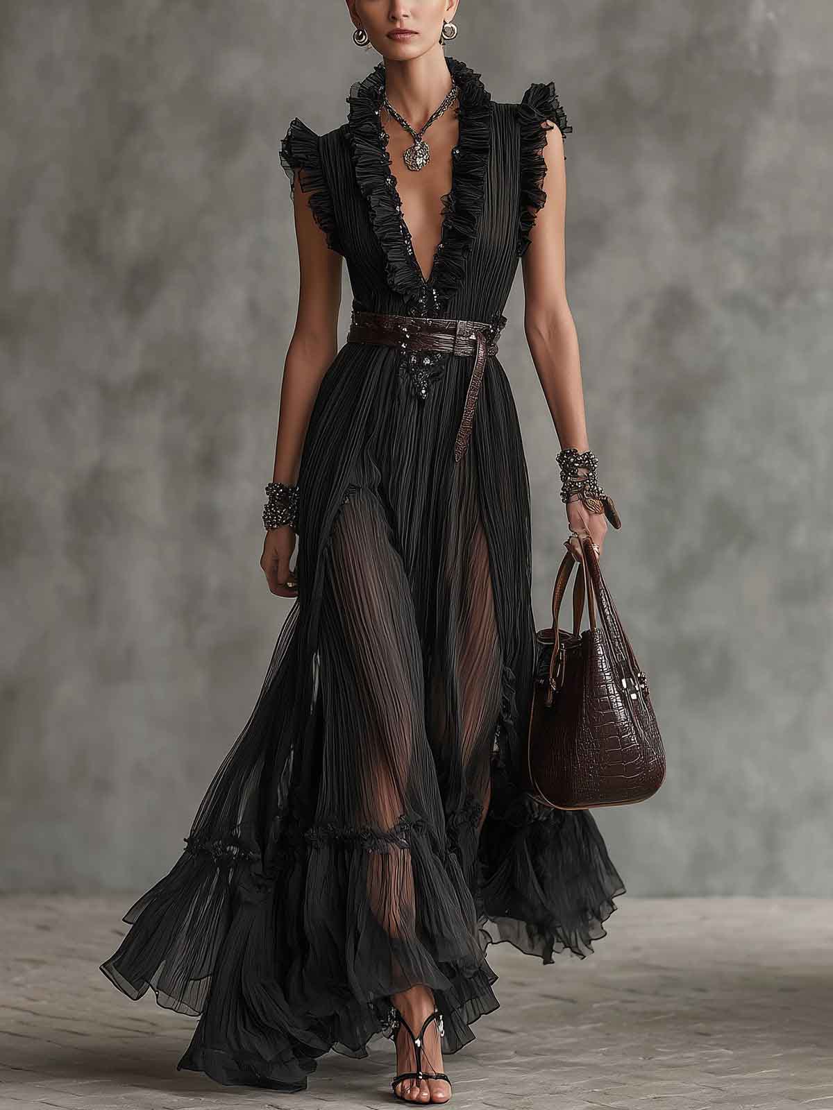 Elegant Ruffled Tulle Maxi Dress-Likemychoice