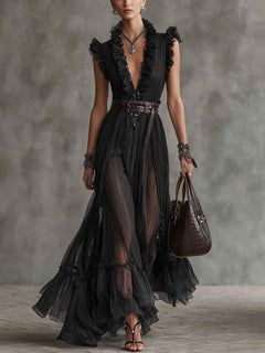 Elegant Ruffled Tulle Maxi Dress-Likemychoice