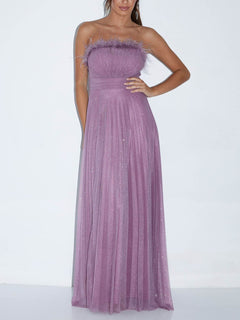 Elegant Feather Trim Shimmer Strapless Maxi Dress