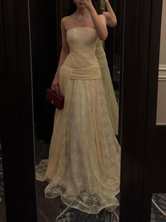 Elegant Strapless Corset Floral Lace Tulle Maxi Dress