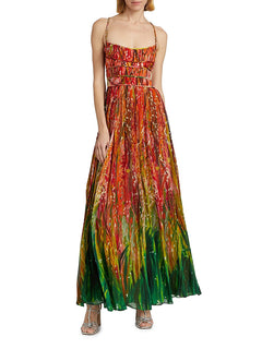 Elegant Abstract Art Print Pleated Maxi Dress