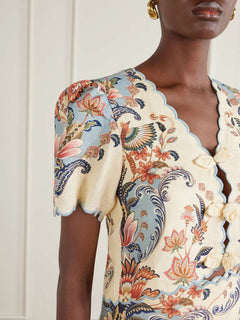 Casual Floral Print Fan V-Neck Crop Top