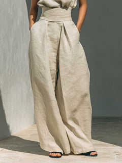 Elegant Linen High-Neck Top & Wide-Leg Pants Two-Piece Set